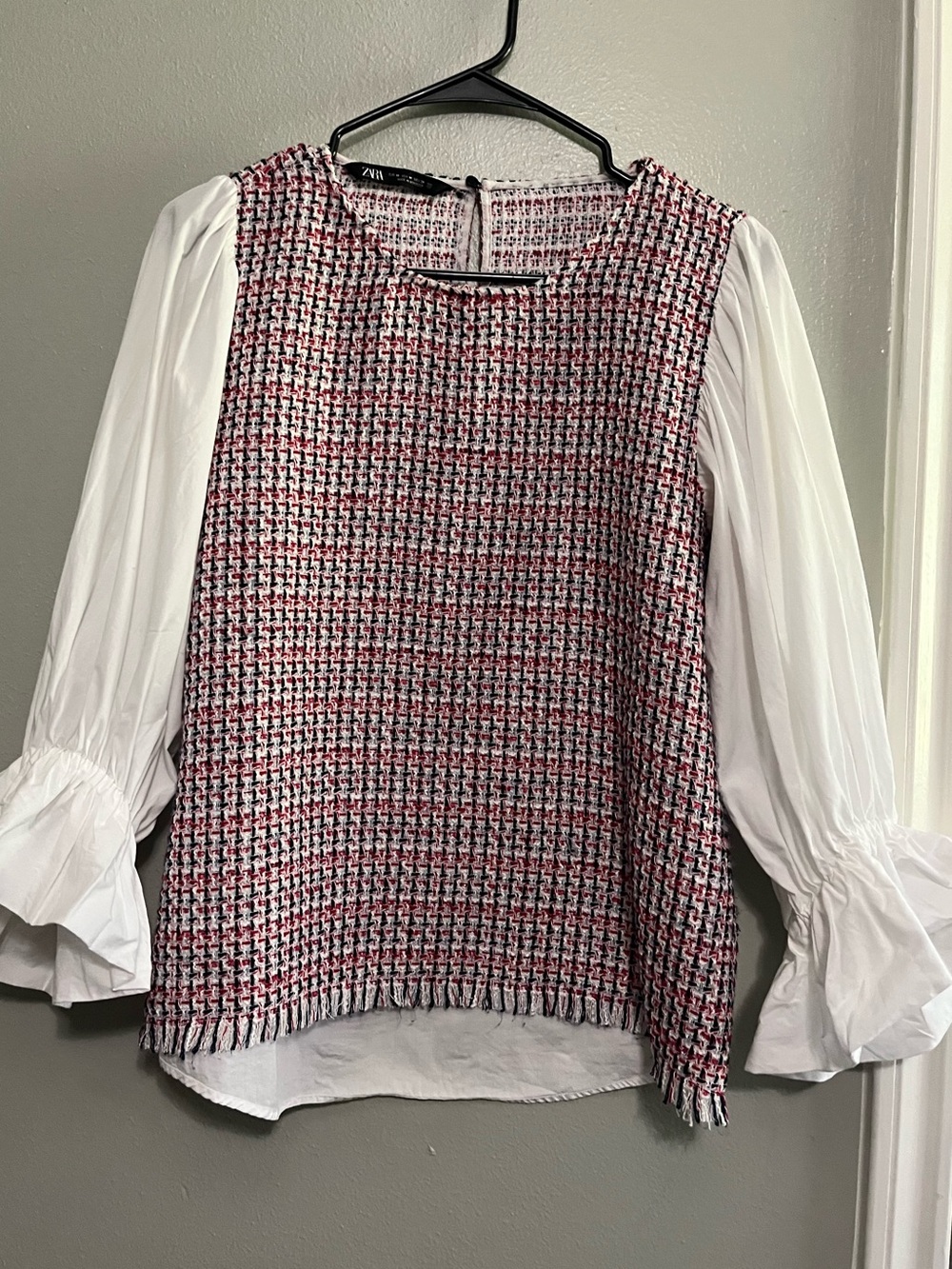 Zara Pink, Black & White Tweed Blouse with Ruffled White Sleeves (A1)